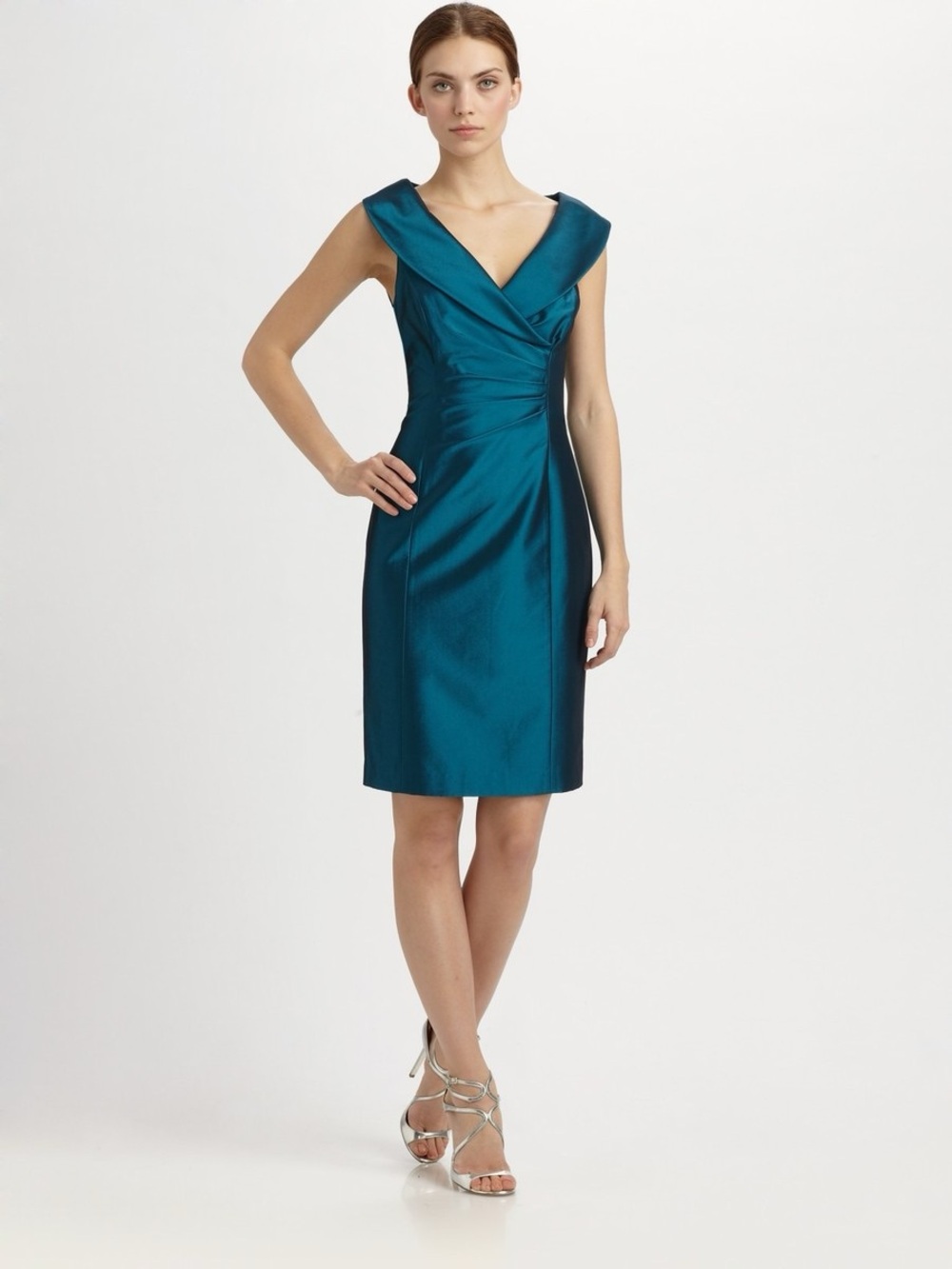 Kay Unger Teal Satin V-Neck Sheath Dress 2